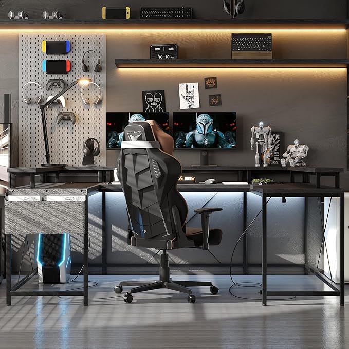 U Shaped Computer Gaming Desk 79’’ Reversible l Shaped Computer Desk with Power Outlet &amp LED Strip Office Desk with Monitor Stand Large Corner Desk with Storage Bag for Bedroom Office Black