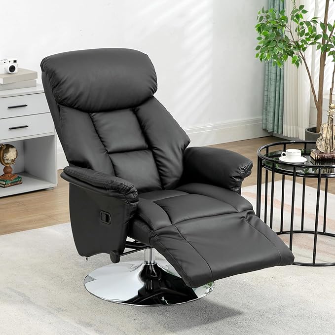 HOMCOM Swivel Recliner Chair PU Leather Reclining Chair with Retractable Footrest Padded Arms for Living Room -Black