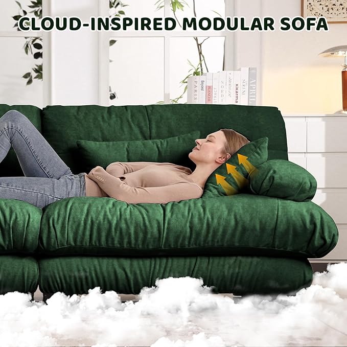 Cloud Sectional Couches for Living Room Modular Sectional Sofa 2 Seater Modern Deep Seat Loveseat Oversized Green Couch with Movable Ottoman Comfy Chenille Loveseat with Pillows