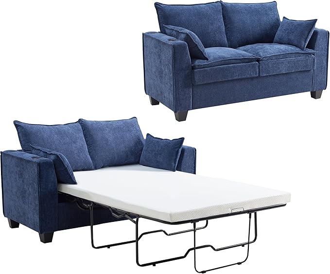 Brelice 65 Pull Out Sofa Bed Sleeper Sofa Couch 2-in-1 Convertible Chenille Loveseat with USB Charging Port and Memory Foam Mattress Full Size Pullout Bed for Living Room Apartment or Office