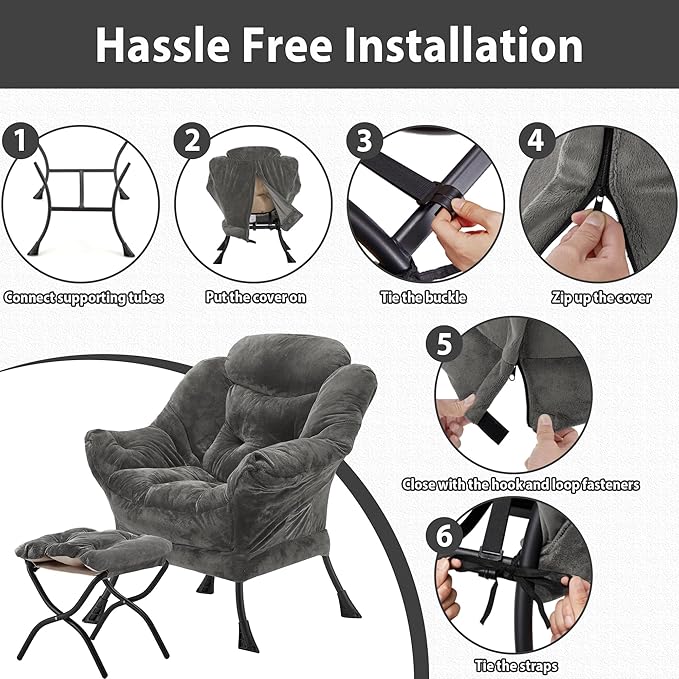 Lazy Chair with Folding Ottoman Accent Chair Plush Upholstered with Metal Structure and Non-Slip Pads Sofa Armchair with Footrest and Side Storage Bag for Dorm Room Office Dark Gray
