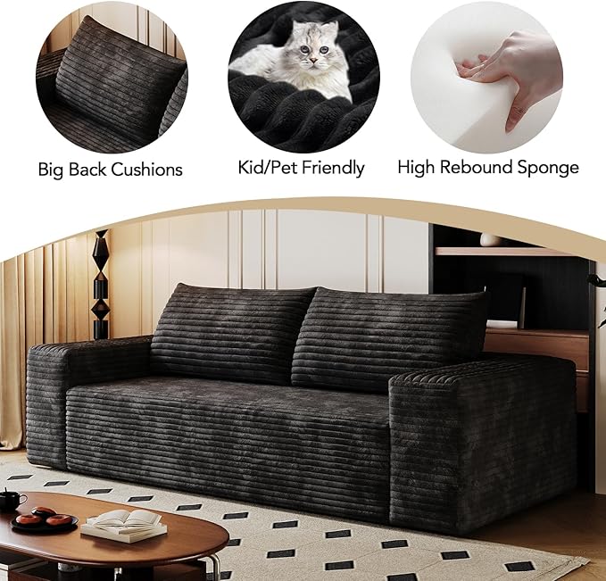 63 Small Space Boneless Modular Couch with Corduroy Memory Foam Deep Seat - Cloud - Comfy No Assembly Required Sofa for Living Room Bedroom &amp Apartment (Black 63 inch)