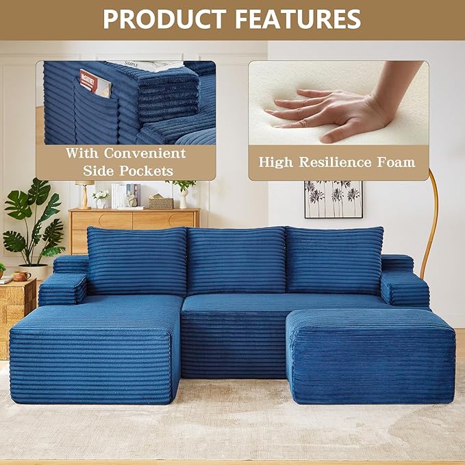 96 Cloud Sectional Couch with U-Shaped Chaise Corduroy Sectional Sofa with Ottoman Deep Seat Boneless Couch with Side Pocket for Living Room No Assembly Required (Blue Left Facing Chaise)