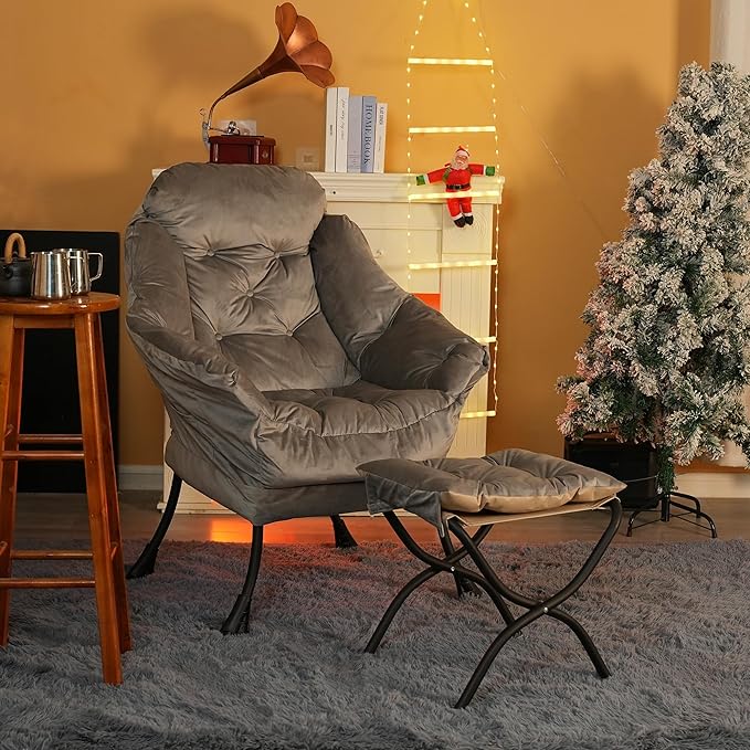 Kokel Lazy Chair with Folding OttomanLiving Room Chairs Accent Contemporary Lounge Chair Single Steel Frame Leisure Sofa Chair with Armrests and A Side Pocket (Light Gray)