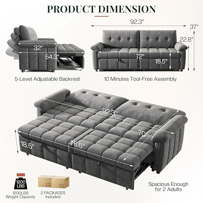 Jocisland 93” 4-in-1 Convertible Sofa Bed Cloud Sleeper Sofa Tufted Chenille 5-Position Adjustable Backrest 10-Minute Tool-Free Assembly Couches for Living Room Guest Room Gray
