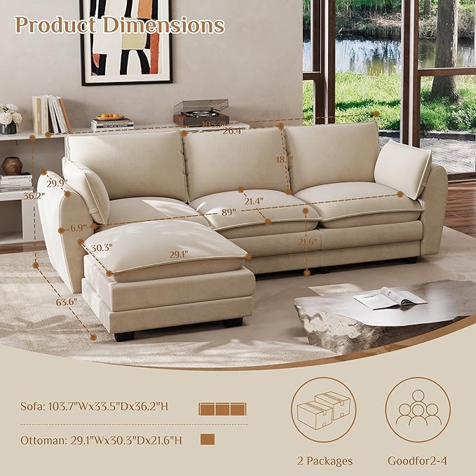 Oversized Modular Sectional Sofa103'' L Shaped Cloud Sectional Couches for Living Room Couch Sets for Living Room Deep Seat Sofa with Movable Ottoman (Light Brown)