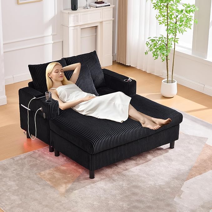 KEIKI 50 W Corduroy Oversized Recliner Single Sofa Couch with Deep Seat3 PillowsUSB ChargingCup Holder and Side Pocket