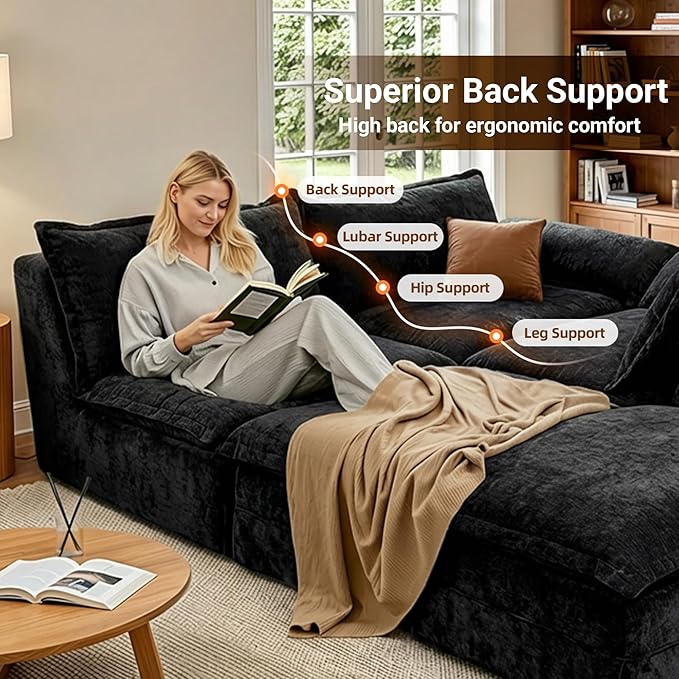 Claiks 123 Modular Boneless Couch U Shaped Couch for Living Room Modern Deep Seat Sofa 3 Seater Chenille Fabric Comfy Cloud Couches with Movable Ottoman Black