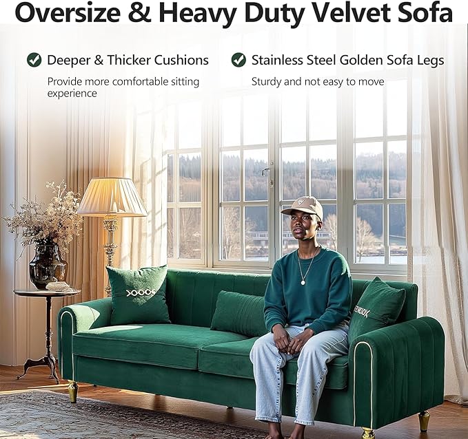 87.5 Modern 3-Seater Velvet Couch with Metal Legs &amp Decorative Pillows High Resilience Sponge Spring Seat Luxury Sectional Loveseat Sofa for Living Room Apartment Small Space Green