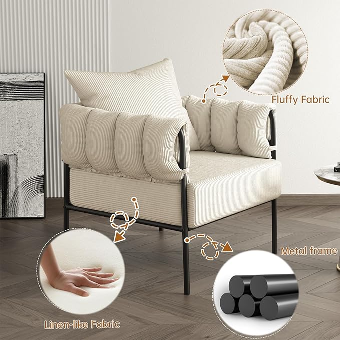Comfy Accent ChairModern Living Room ChairsReading Chair with Metal FrameModern Living Room Chairs with Waist Cushion for Bedroom (Beige Set of 2)