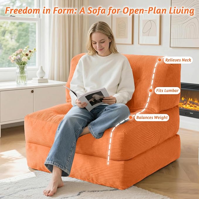 HABUTWAY Folding Sofa Bed Convertible Sleeper Chair Bed with Pillow &amp Handle Foldable Mattress with Back Support Portable Single Couch Comfy Floor Sofa Lounge for Living Room Bedroom(Orange)