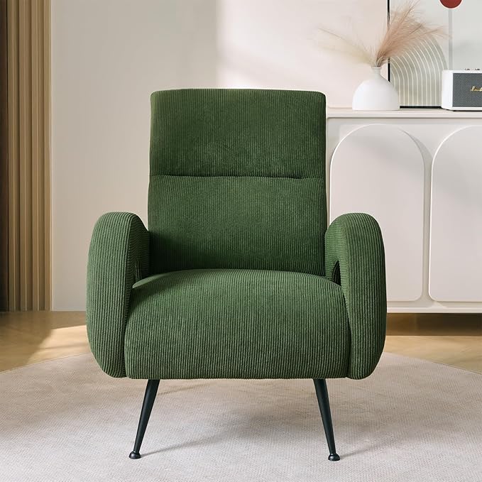 Corduroy Accent Chairs for Living Room Tufted High Back Reading Chairs for Bedroom Mid-Modern Comfy Upholstered Armchairs for Bedroom Reading Nook Apartment Forest Green