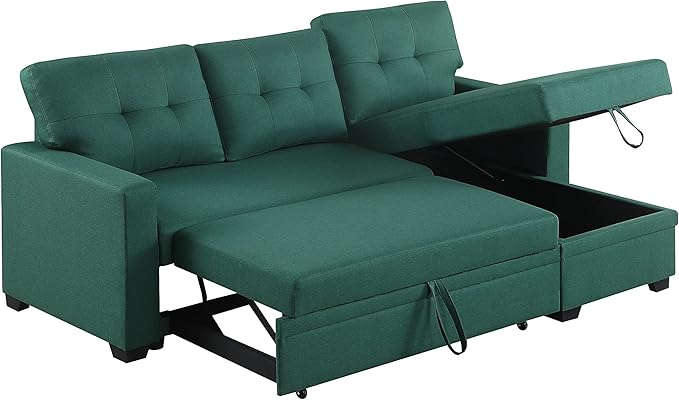 82 Sleeper Couch with Pull Out BedL-Shape Upholstered Sectional Small Sofa W/Storage ChaiseTufted Backrest Design3 Seat Linen Convertible Sofas for Living Room Apartment OfficeGreen