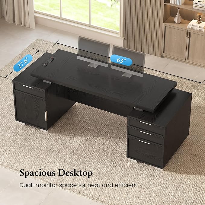 80.6 Executive Desk with Power Outlet and File Drawer Modern Home Office Desk with 3 Large Cabinets and Privacy Panel Business Furniture for Home Office Living Room Black