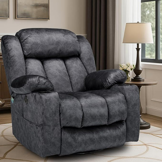 VIVIJASON Manual Swivel Rocking Glider Recliner Chair with Heat &amp Vibration Massage 360° Swivel Overstuffed Reclining Chair with 2 Cup Holders Side Pockets &amp USB Ports for Living Room Plush