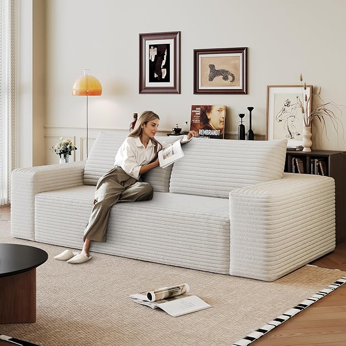 Boneless Sofa Compressed Sofa Couch in a Box Deep Seat Couch for Living Room Bedroom Conference Room Apartment Backrest Pillow No Assembly (White 71)