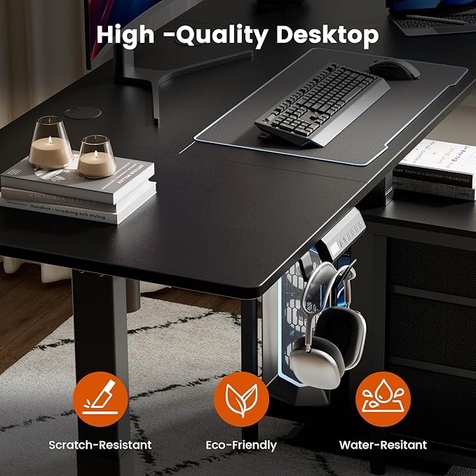 REAHOME Electric Standing Desk with Drawers 55 x 24 Inches Height Adjustable Sit Stand Desk with Storage 3 Memory Preset Home Office Computer Desk Printer Cabinet 2 Hooks Cable Management Black