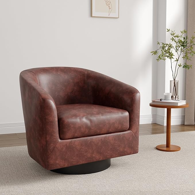 Lumibee Faux Leather Swivel Barrel Chairs Upholstered Comfy Round Swivel Accent Chair 360° Rotation Single Sofa Club Armchair for Living Room Reading Room Bedroom Red Brown