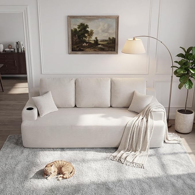 87 Modern 3-Seater loveseat Sofa Comfy Deep Seat Boneless Couch with Plush Corduroy Fabric Built-in Cup Holders &amp Side Storage Pockets for Living Room Bedroom and Apartment