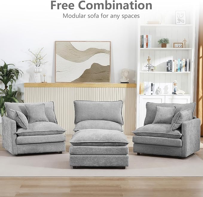 GNIXUU 102 Modular Sectional Sofa L Shaped Cloud Couch with Movable Ottoman &amp 4 Pillows Deep Seat Chenille 4 Seater Sectional Couches for Living Room Apartment (Grey)