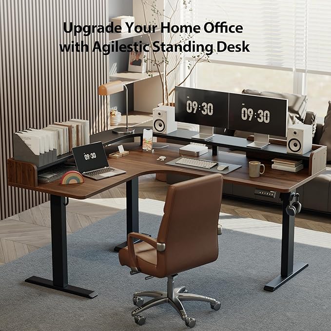 Agilestic L Shaped Standing Desk Corner Desk with Monitor Shelf Adjustable Height Gaming Table Sit Stand Up Table 63 x 55 Inch Home Office Computer Workstation Splice Board Dark Walnut