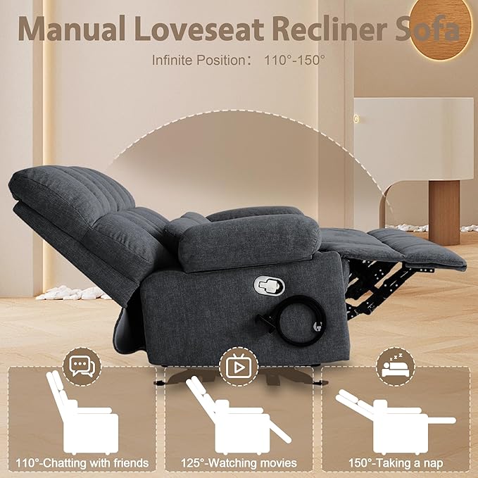 Rocker Recliner-Loveseat Recliner SofaCat-Proof Reclining Loveseat with Phone Holder RV Douber Recliner Sofa for Home TheaterLiving Room (Gray-2 Seater) | Rocker Recliner Phone Holder