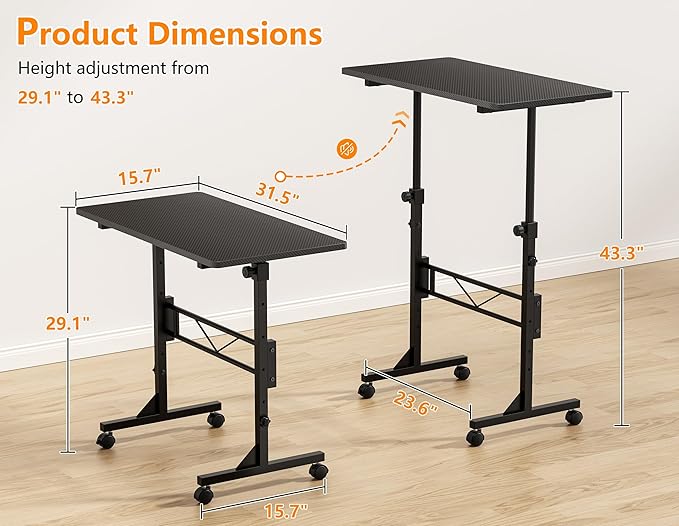 HOMIDEC Standing Desk 32 Inch Portable Small Desk Adjustable Height Rolling Home Office Desks with Wheels Sit Stand Desk for Bedroom Walking Pad Home Office Small Space Black