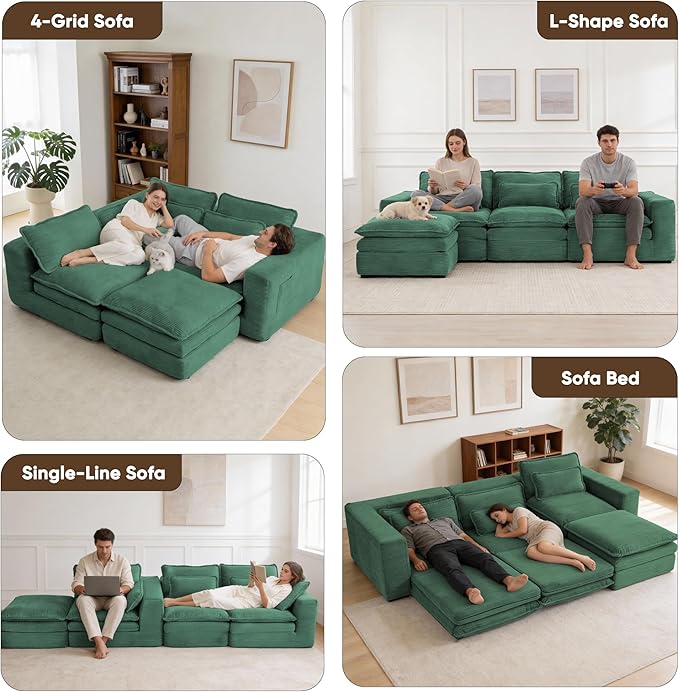 109 L Shape Modular Sectional Sofa with Ottoman Boneless Couch Three-Layer Deep 3 Seat Convertible Pull Out Sofa Bed Sleeper for Living Room No Assembly 109 L-Green
