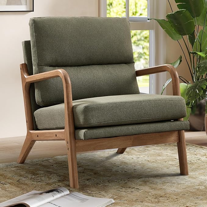 Mid Century Accent Chair Modern Living Room Chairs with Solid Wood Frame Reading Relaxing Armchair for Adults Lounge Chair for Living Room Bedroom Waiting Room-Green