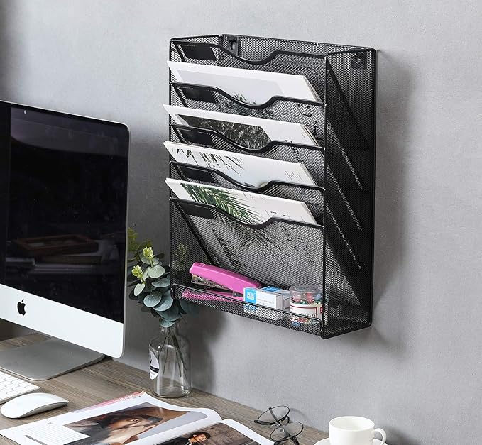 EasyPAG 5 Tier Wall File Holder Mesh Hanging Folder Organizer with Classify Label Versatile Desk File Holder Vertical Wall Mounted Mail Organizer for Office Home Cubicle Black Closed Sides