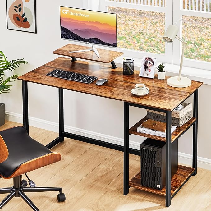 GreenForest Computer Desk with Monitor Stand47 inch Home Office Desk with Reversible Storage Shelves Modern Writing Study Work TableEasy AssemblyWalnut