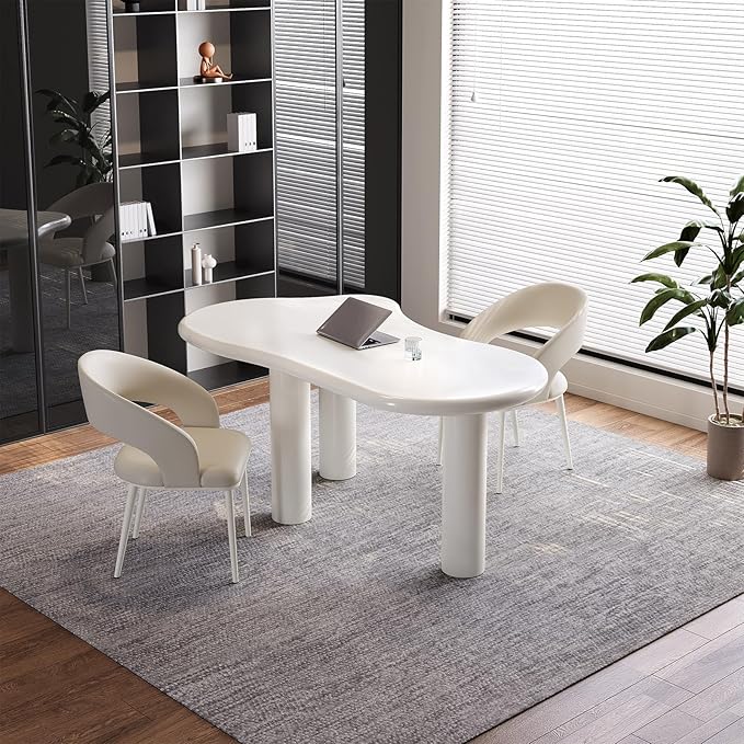 Modern 62.2 Cloud-Shaped Cream White Office Desk with Sculptural Pillar Legs Rounded Corners Minimalist Computer Table Easy to Assemble Ideal for Home Office (Desk Only)