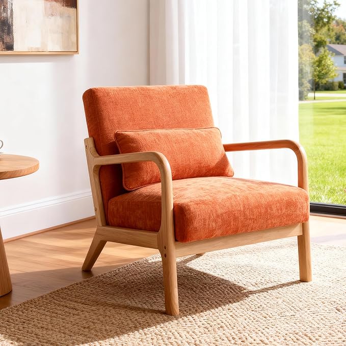 Mid Century Modern Accent ChairComfy Fabric Reading Chair with Retro Solid Wood Frame &amp High Back Upholstered Lounge Arm Side Chair for Living Room Bedroom Balcony (Linen/Orange)
