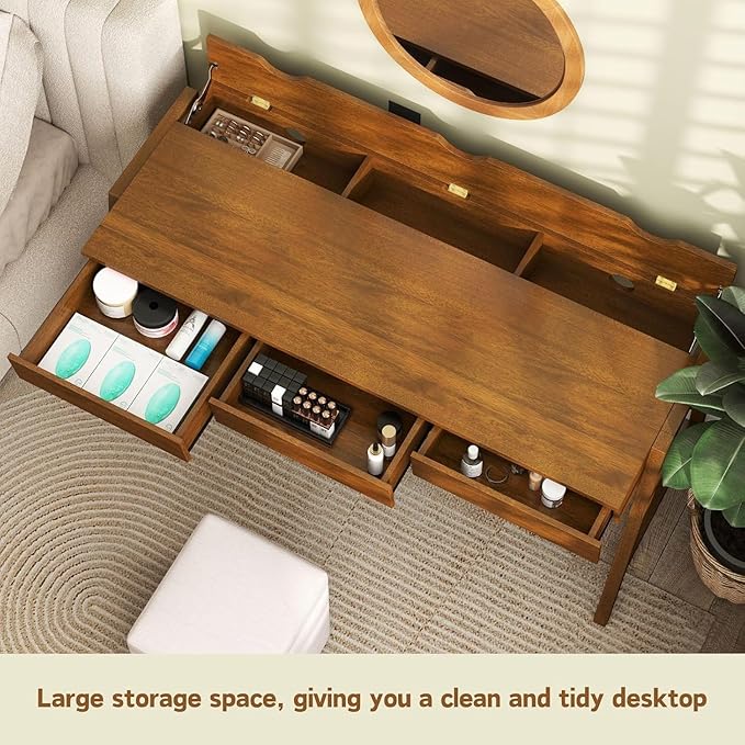 Walnut Wood Desk with Drawers Home Office Desk Mid Century Modern Writing Table for Bedroom Vanity Living Room Study Workstation