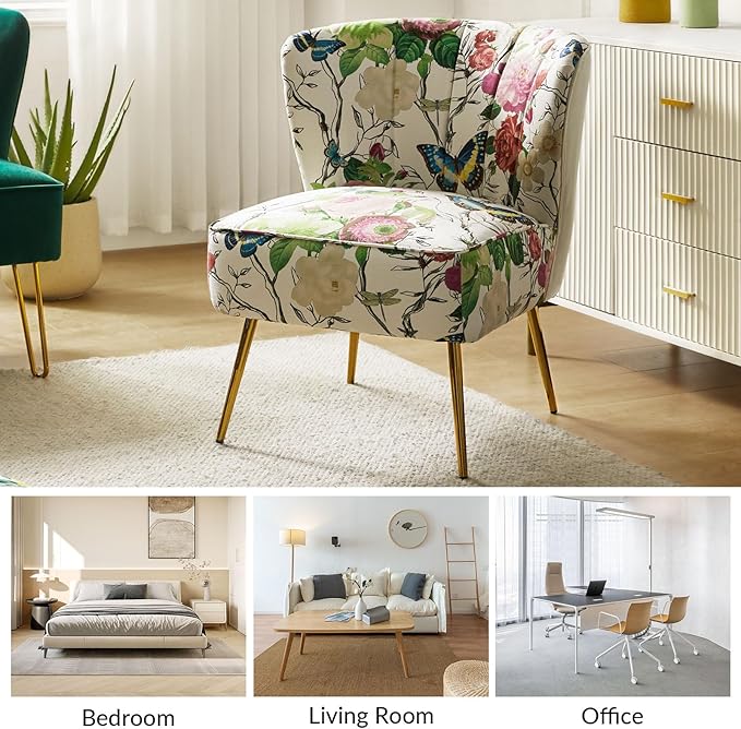 HULALA HOME Accent Chair with Golden Metal Legs Comfy Tufted Wingback Living Room Chair Floral Fabric Small Armless Side Chair Upholstered Slipper Chair for Bedroom Reading Room Flower Print