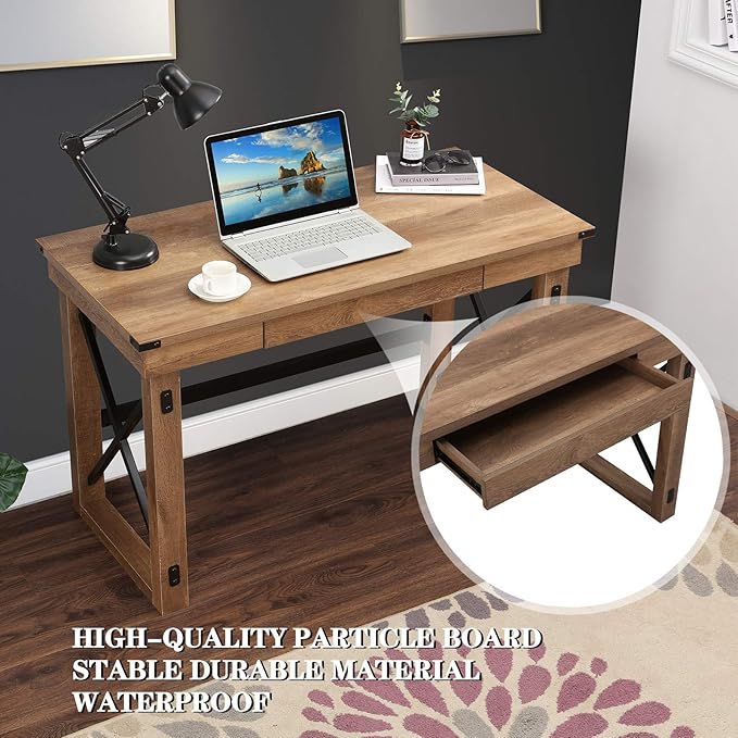 Festival Depot 47.5 Writing Computer Desk Large Home Office Desk in Industrial Style with Pull-Out Keyboard Tray Black Metal and Wood Appearance Laptop Table for Game Study