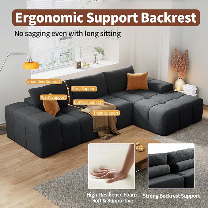 KEIKI 103 Corduroy Sectional Sofa 3-Seater L Shaped Sleeper Cloud Couch Bed Modern Upholstery Couches w/Deep Seat &amp Chaise Lounge Oversized Boneless Sofas for Living Room No Assembly Black
