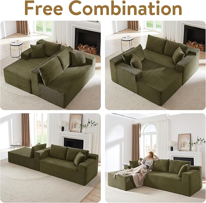 Cloud Sectional Couch with L-Shape Chaise105 Modern Minimalist Modular Sectional Sofa Fluffy Corduroy Upholstered Couches for Living Room No Assembly Required (Green Left Facing Chaise)