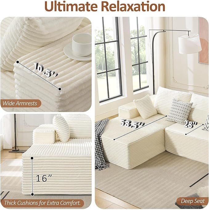 110 Boneless Sectional Couch with Chaise Lounge Cloud Couch Compressed Sofa L Shape No Assembly Memory Foam Sofa for Living Room White Corduroy