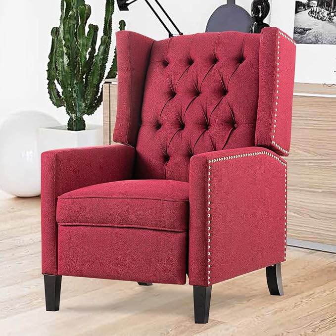 Recliner Chair for Adults Red Fabric Accent Chairs Living Room Mid-Century Modern Recliner Button Tufted Club Chair Upholstered Vintage Reclining Reading Arm Chair 27 Wide