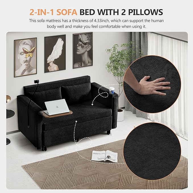3-in-1 Convertible Sleeper Sofa Couch with Pullout Bed Loveseat Sleeper Sofa Bed with Hidden Side Table 56 Full Size Folding Futon Couch for Living Room Guest Room Apartment Home Office (Black)