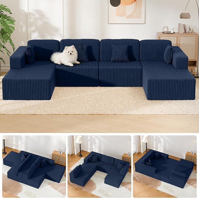 132 U Shaped Couch Oversized Modular Sectional Sofa with Chaise Corduroy U Shaped Couch with Deep Seat Boneless Couches for Living Room No Assembly Required Blue