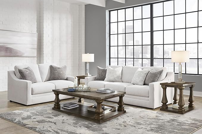 Signature Design by Ashley Maitelynn Contemporary Sofa with Accent Pillows Reversible Cushions and Sloped Arms Light Gray