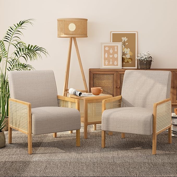 Rattan Accent Chair Set of 2 with Rattan Arms Mid Century Modern Chair for Living Room Linen Upholstered Comfy Chair for Bedroom Reading Room Home Office Brown