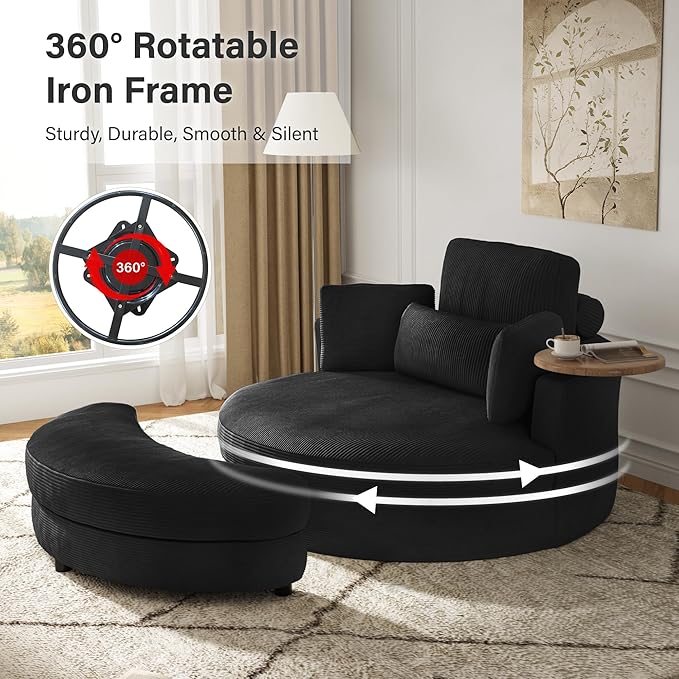 DEINPPA 51'' Accent Swivel Barrel Chair with Storage Ottoman Modern Oversized Round Leisure Sofa Chaise with Tray Pillows Corduroy Upholstered Lounge Chair for Bedroom Living Room Hotel Club Black