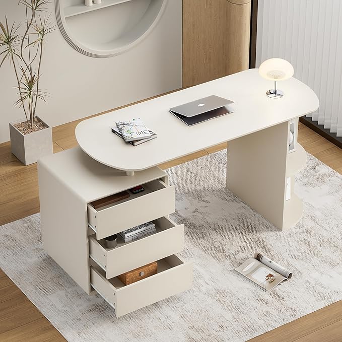 Qulomvs Desk with Drawers 55inch Home Office White Desk with Drawers and Storage Shelves Cream White Modern Simple Style Laptop Desk Work Study Writing Table Workstation for Home Office