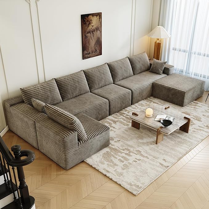 139.4 Modular Sectional Sofa Oversized U-Shaped Minimalist Couches with 2 Middle Seats and 1 Ottoman Chaise Modern Deep Seat Convertible Sleeper Sofa Cloud Plush Corduroy Fabric7 Seater Camel