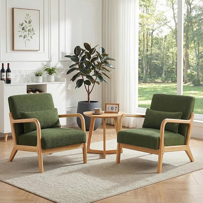 Mid Century Accent Chair Comfy Arm Chair with Solid Wood Frame Upholstered Modern Chair for Living Room Bedroom Waiting Room Green