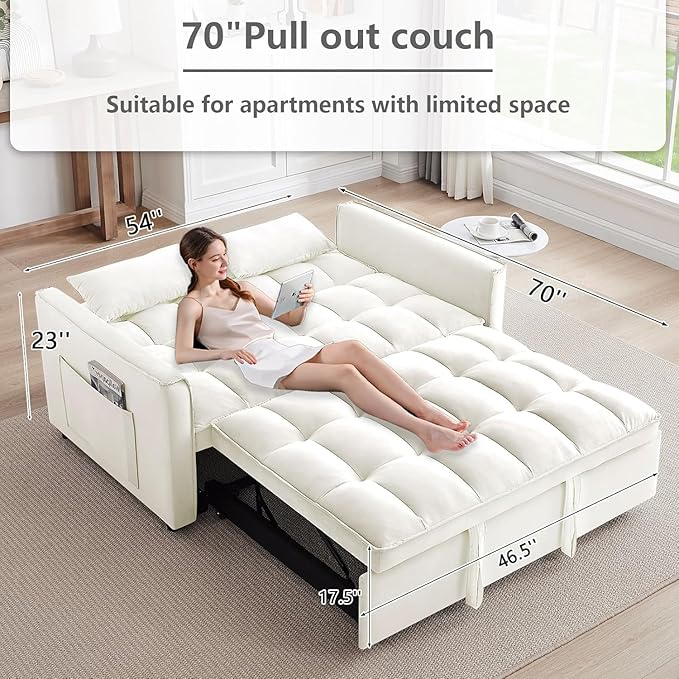 3 in 1 Convertible Sleeper Sofa BedFuton Couch with Pull-Out Bed &amp Adjustable BackrestVelvet Fabric Loveseat Sleeper with Side Pocket for Small Apartment Living Room Office (Beige) | Adjustabl
