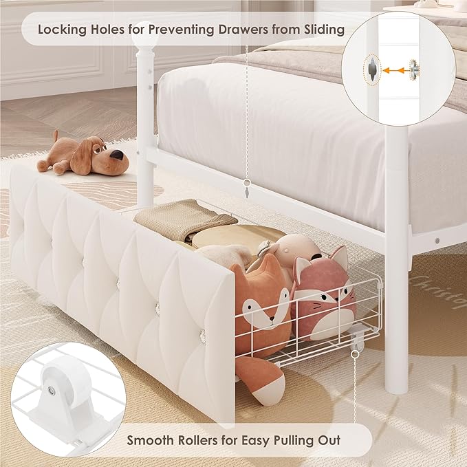 Keyluv Twin Upholstered Canopy Bed Frame with Drawer &amp Crystal Tufted Storage Headboard Metal Platform Bed with Charging Station &amp 4 Removable Posts No Box Spring Needed Curtain Not Included
